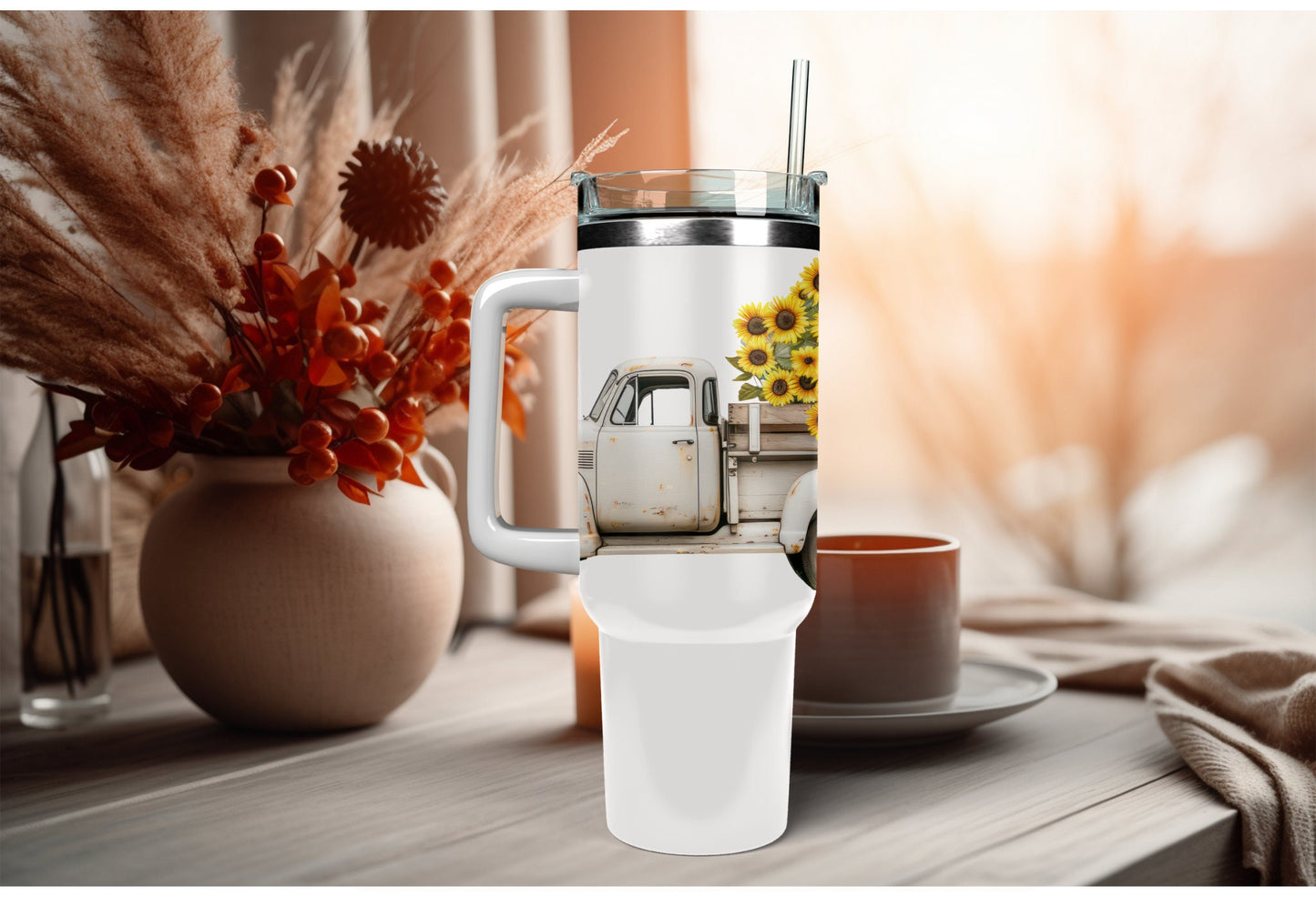 UVDTF Wrap Sunflower Vintage Truck Fall 16 oz Can Glass, Mug, Tumbler, Double Sided Print Option, Ready to Apply, Permanent Adhesive