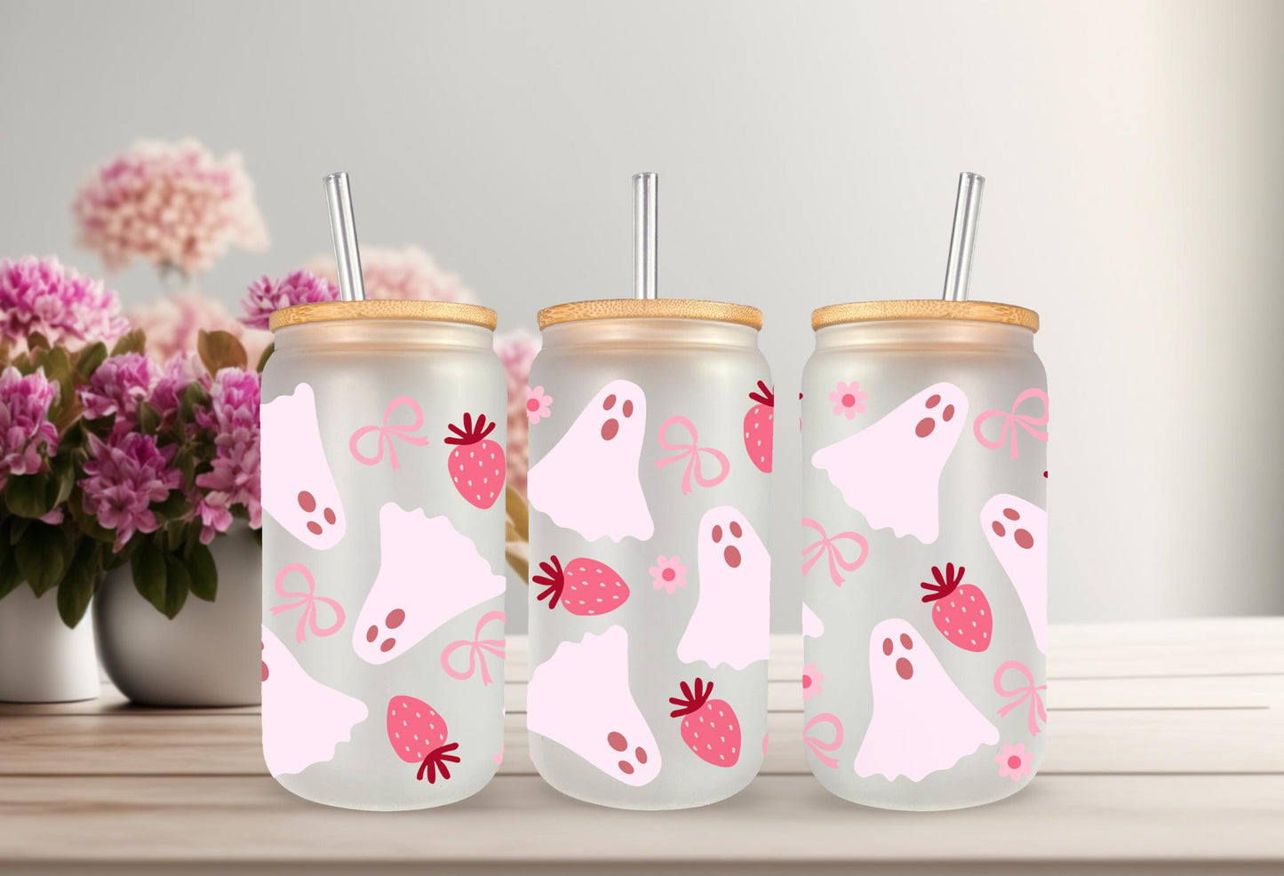UVDTF Wrap Strawberry Boo Bow 16oz Can Glass Wrap Mug Tumbler, Nail Polish Wrap, Ready to Apply, Permanent Waterproof Adhesive