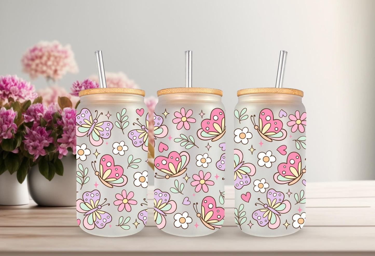 UVDTF Wrap Butterfly Daisy 16oz Can Glass Mug Tumbler, Butterfly Wrap, Ready to apply, Permanent Waterproof Adhesive