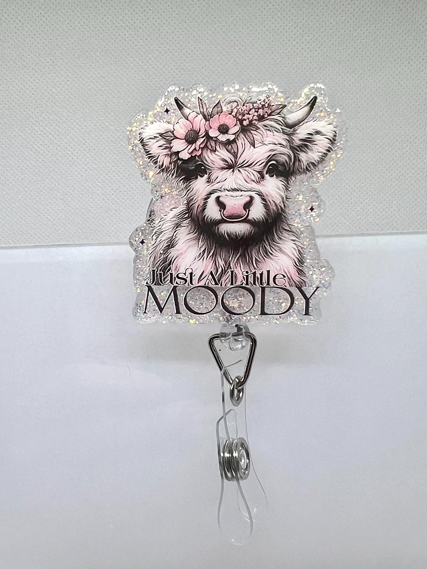 Funny Highland Cow Badge Reel – 'Just a Little Moody' Floral Glitter Design for Work Accessories