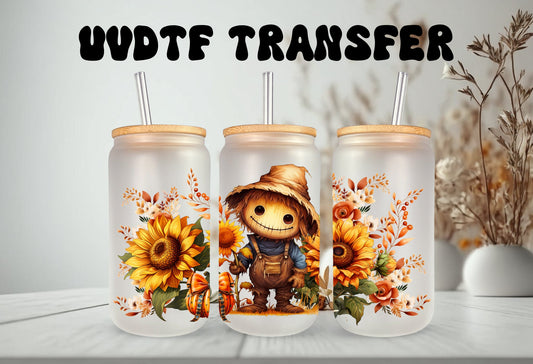 UVDTF Wrap Fall Scarecrow Floral 16oz Can Glass Mug Tumbler, Ready to Apply, Permanent Waterproof Adhesive