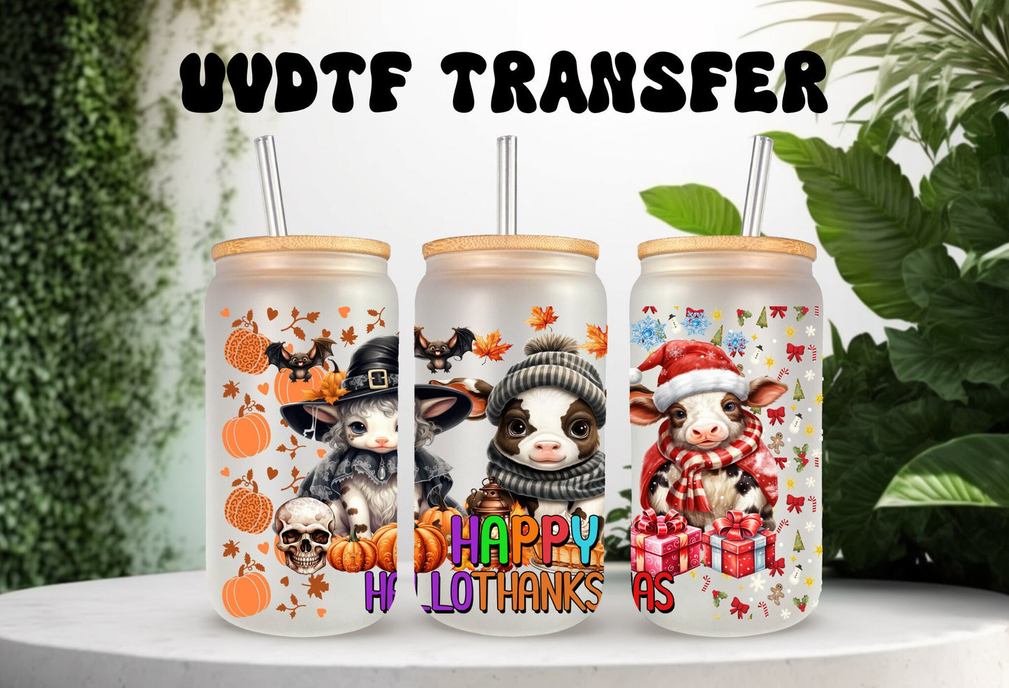 UVDTF Wrap Cows Happy Hallothankmas 16oz Can Glass Mug Tumbler, Ready to Apply, Permanent Waterproof Adhesive