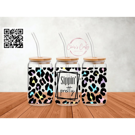 UVDTF Wrap Sippin Pretty Leopard Cheetah Print 16oz Mug Tumbler, Funny Sarcastic Wrap, Ready to apply,  Permanent Waterproof Adhesive