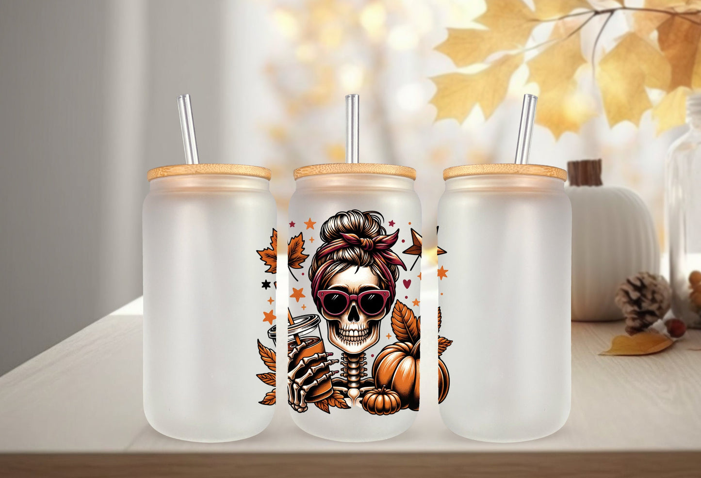 UVDTF Decal Fall Skeleton Pumpkin Iced Coffee 16oz Can Glass 40oz Tumbler or Mug, Ready to Apply, Permanent Waterproof Adhesive