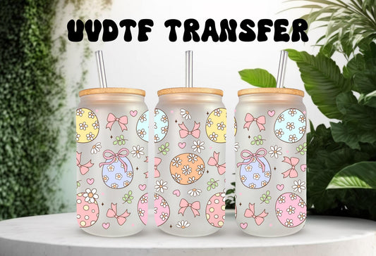 UVDTF Wrap Easter Egg Coquette Bow 16oz Can Glass Mug Tumbler, Ready to apply, Permanent Waterproof  Adhesive