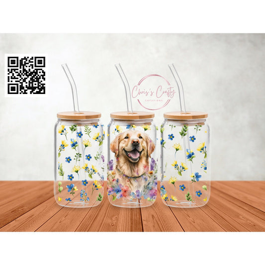 UVDTF Wrap Golden Retriever Floral 16oz Can Glass Mug Tumbler, Dog Wrap, Ready to apply, Permanent Waterproof Adhesive