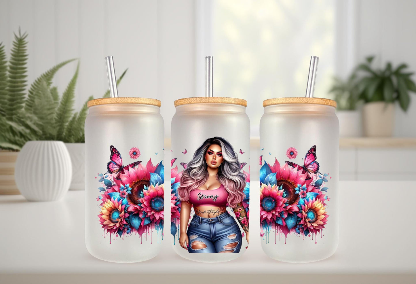 UVDTF Wrap Floral Butterfly Positive Quotes 16oz Can Glass Wrap Mug Tumbler, Strong Girl Wrap, Ready to Apply, Permanent Waterproof Adhesive