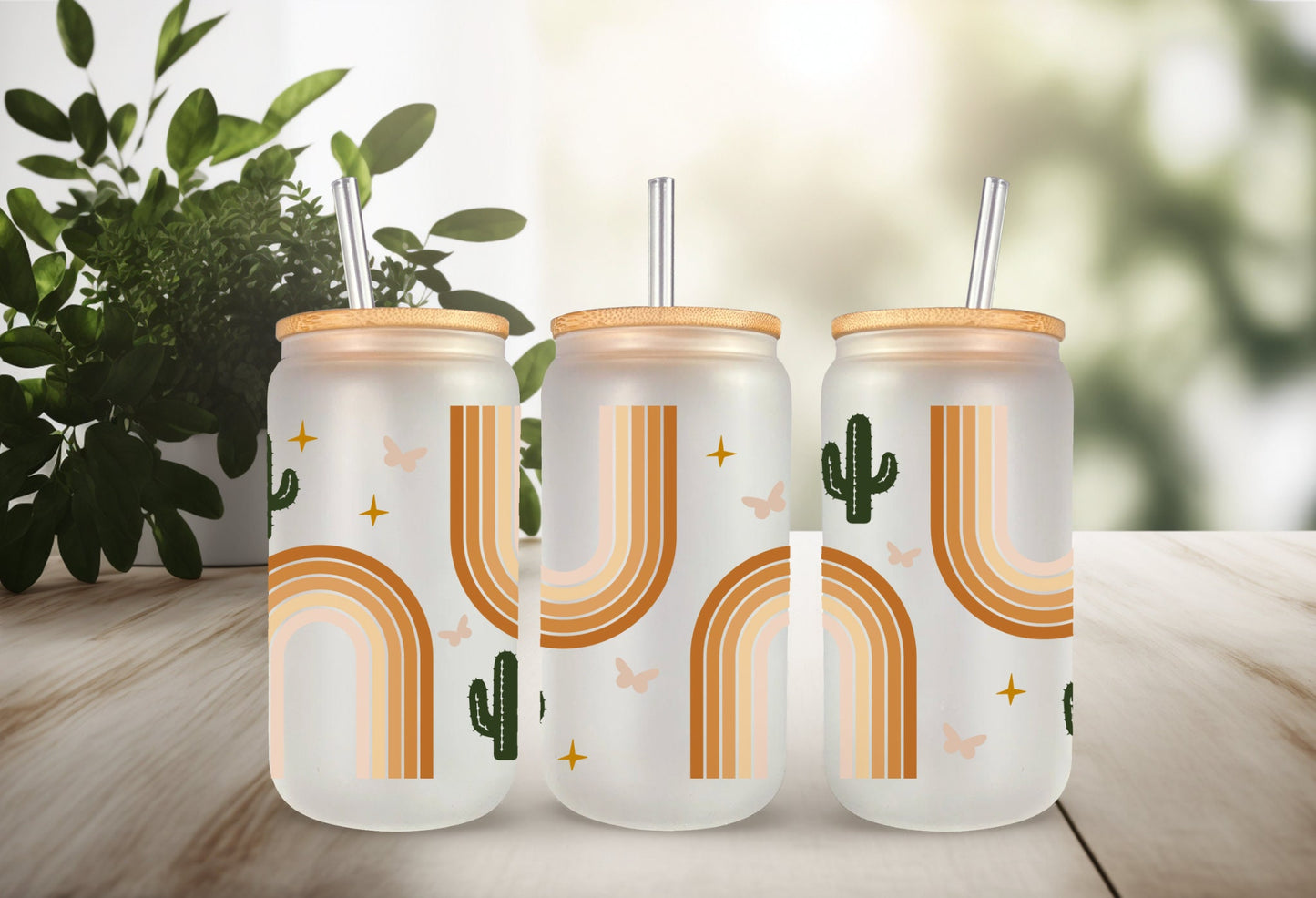 UVDTF Wrap Boho Cactus 16oz Can Glass, Mug, Tumbler, Ready to apply, Permanent Adhesive Waterproof