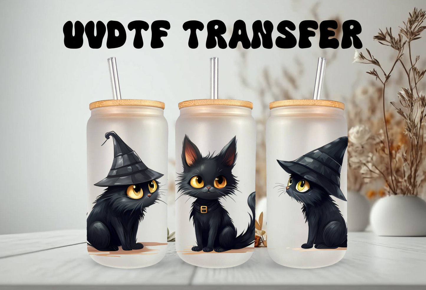 UVDTF Wrap Witch Black Cat 16oz Can Glass Mug Tumbler, Halloween wrap, Double Sided Print Option, Ready to Apply, Permanent Waterproof Adhesive