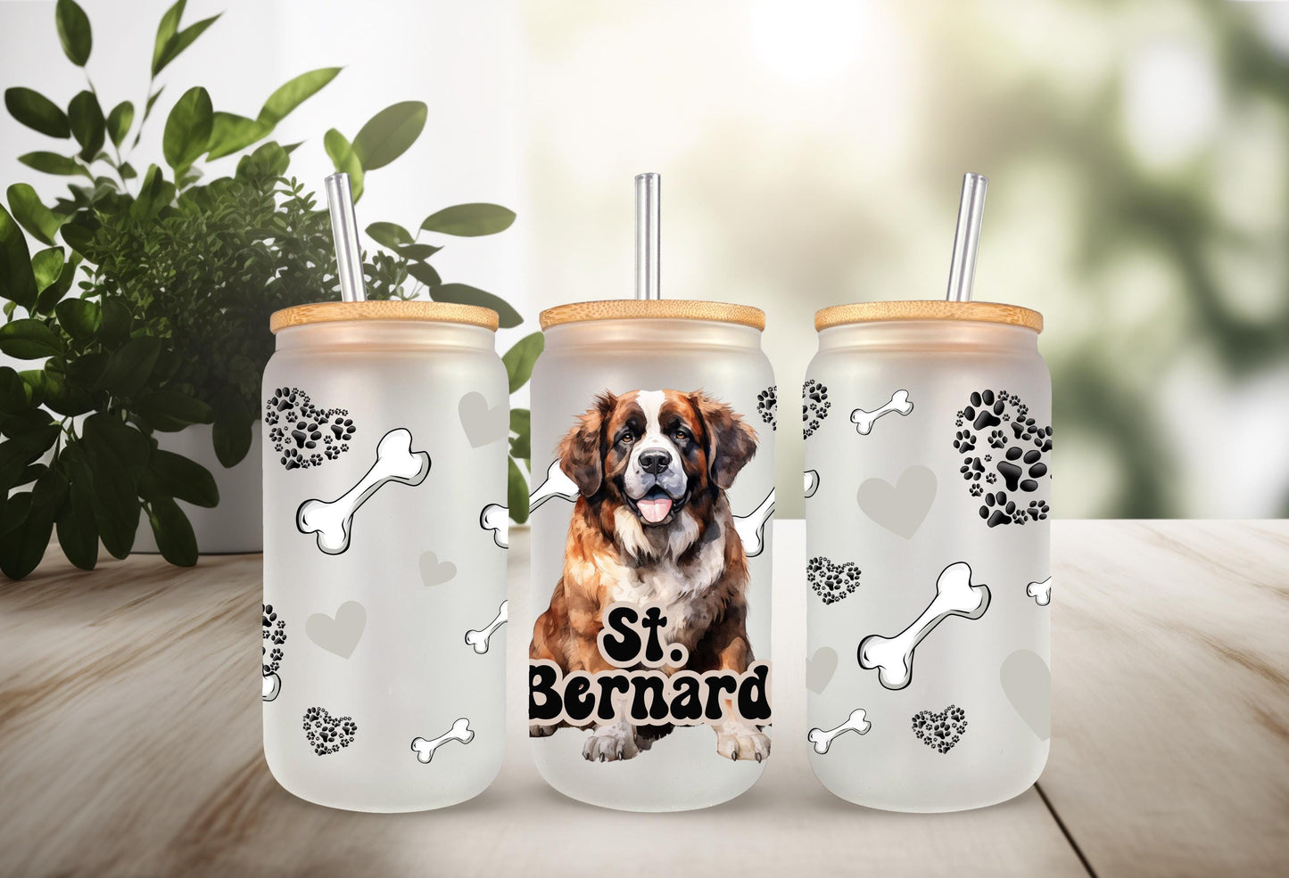 UVDTF Wrap St. Bernard 16oz Can Glass Mug Tumbler, Dog Wrap, Ready to apply, Permanent Waterproof Adhesive, Bundle Save Option