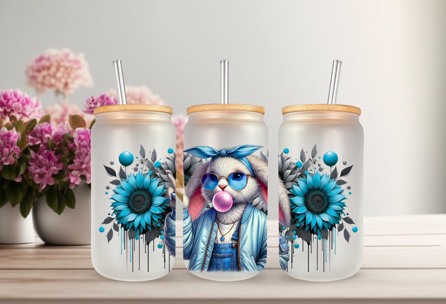 UVDTF Wrap Floral Bunny Bubble Gum 16oz Can Glass Mug Tumbler, Ready to Apply, Permanent Waterproof Adhesive