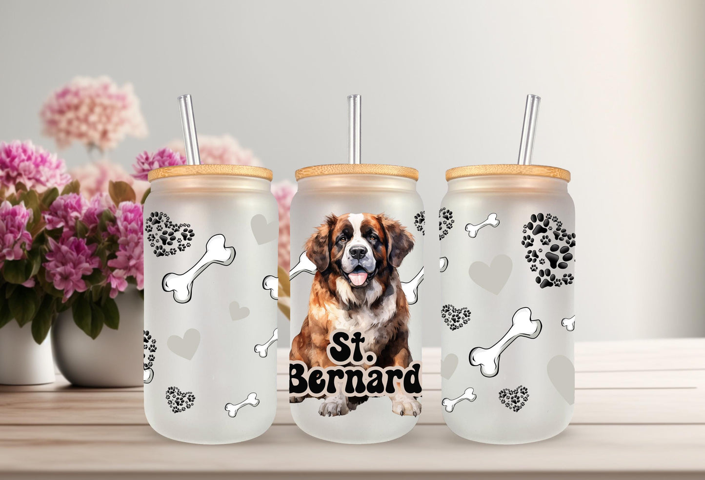 UVDTF Wrap St. Bernard 16oz Can Glass Mug Tumbler, Dog Wrap, Ready to apply, Permanent Waterproof Adhesive, Bundle Save Option