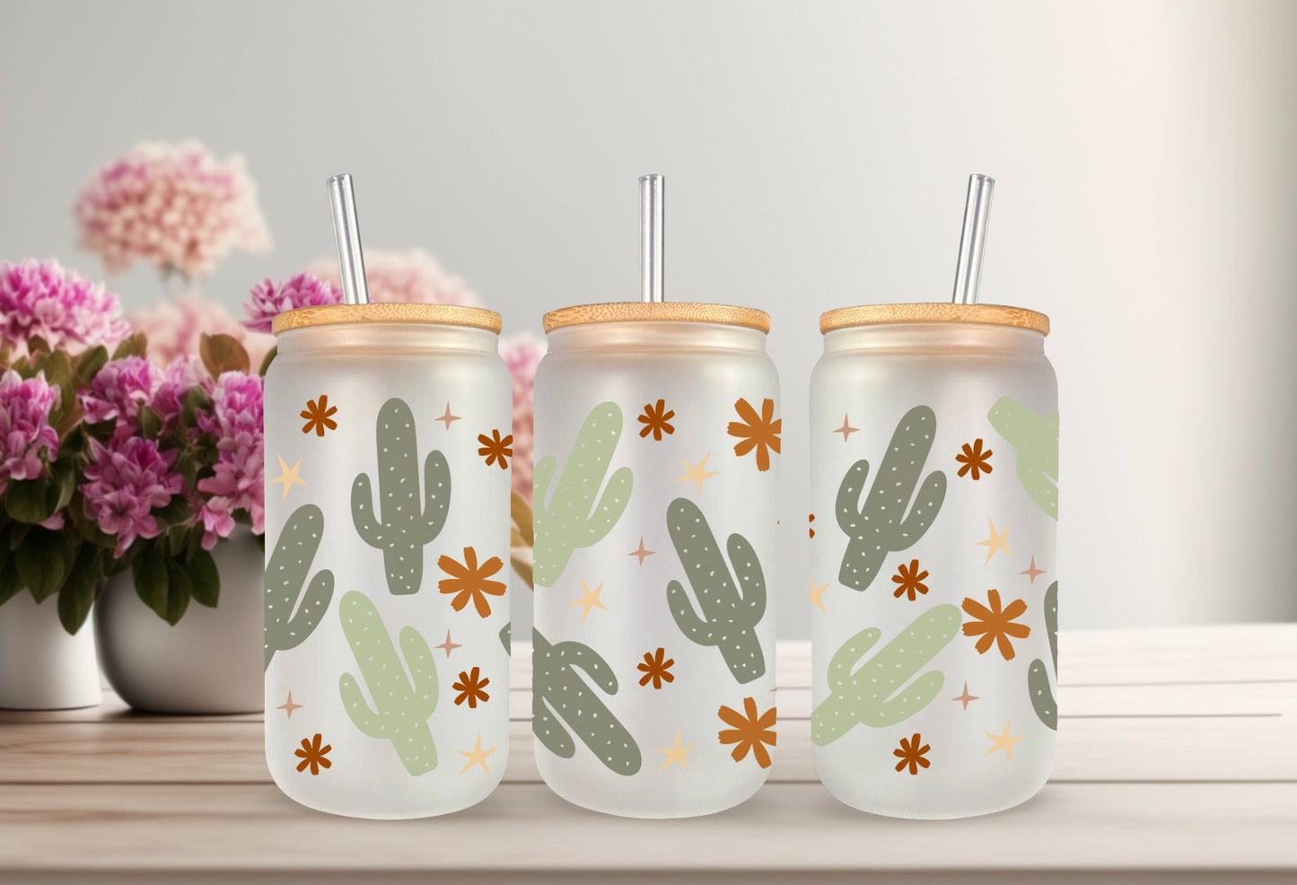 UVDTF Wrap Boho Cactus for 16oz Can Glass, Mug, Tumbler, Cactus Wrap, Ready to apply, Permanent Adhesive Waterproof, Add on a Cup