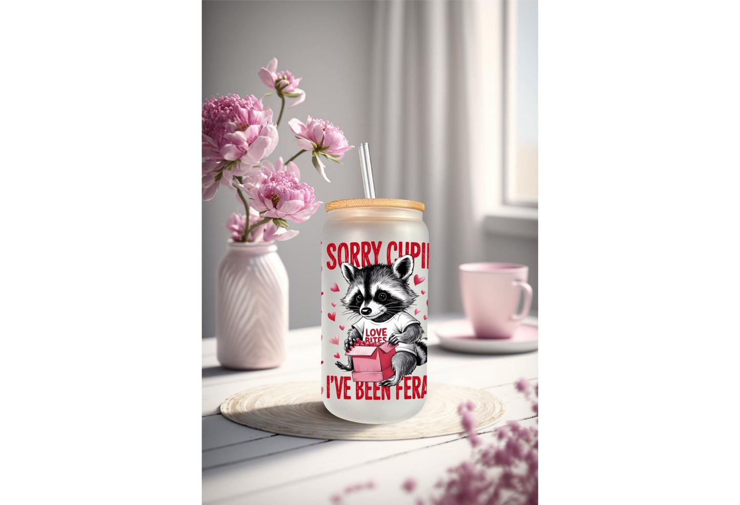 UVDTF Wrap Valentine Racoon Sorry I've Been Feral 16oz Can Glass Mug Tumbler, Racoon Wrap, Ready to Apply, Permanent Waterproof Adhesive
