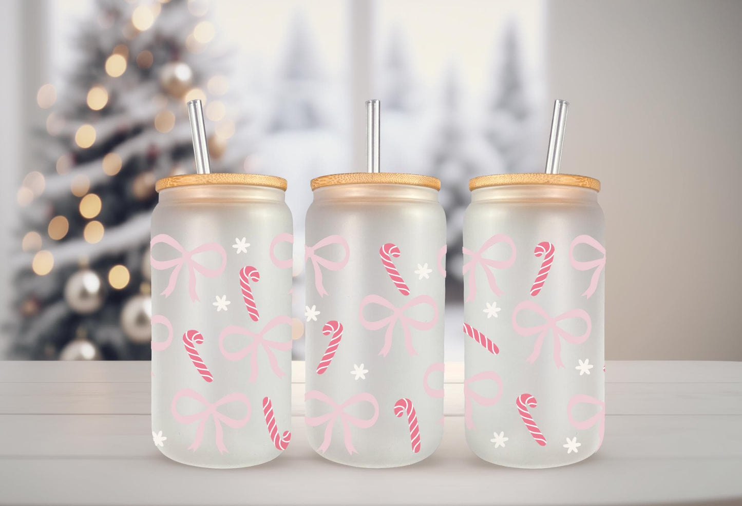 UVDTF Wrap Candy Canes Coquette Bows for 16oz Can Glass, Mug, Tumbler, Ready to apply, Waterproof Permanent Adhesive