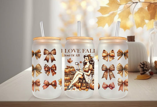 UVDTF Wrap I Love Fall Vintage Girl Coquette Bows for 16oz Can Glass Mug Tumbler, Ready to apply, Permanent Waterproof Adhesive