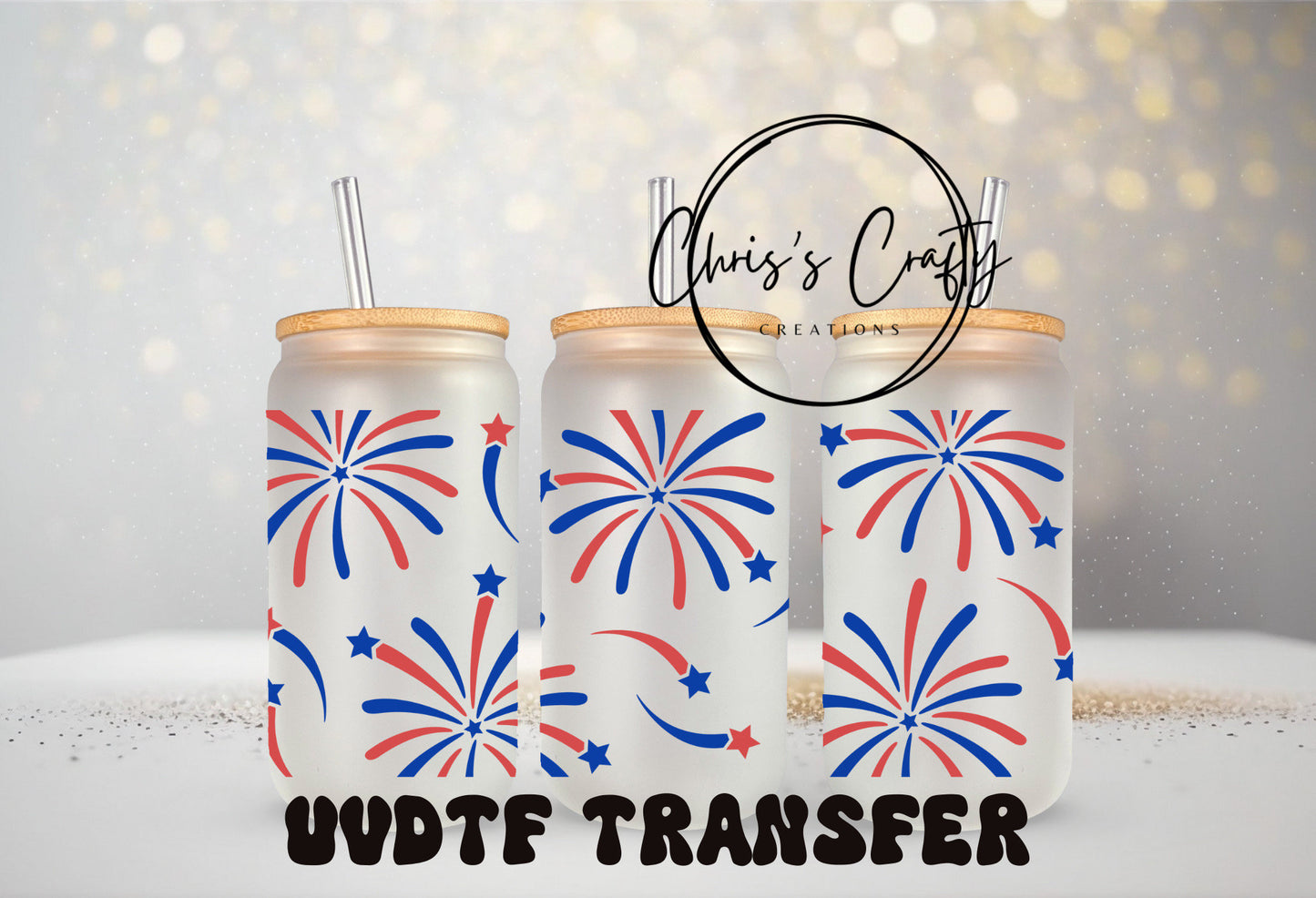 UVDTF Fireworks Independence Day 16oz Can Glass Mug Tumbler, Ready to apply, Permanent Waterproof Adhesive