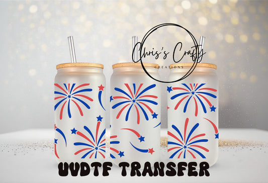 UVDTF Fireworks Independence Day 16oz Can Glass Mug Tumbler, Ready to apply, Permanent Waterproof Adhesive