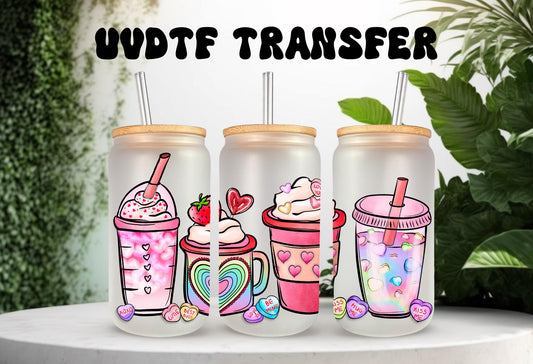 UVDTF Wrap Pink Valentines Iced Coffee Latte 16oz Can Glass Mug Tumbler, Ready to Apply, Permanent Waterproof Adhesive, Double Sided Options