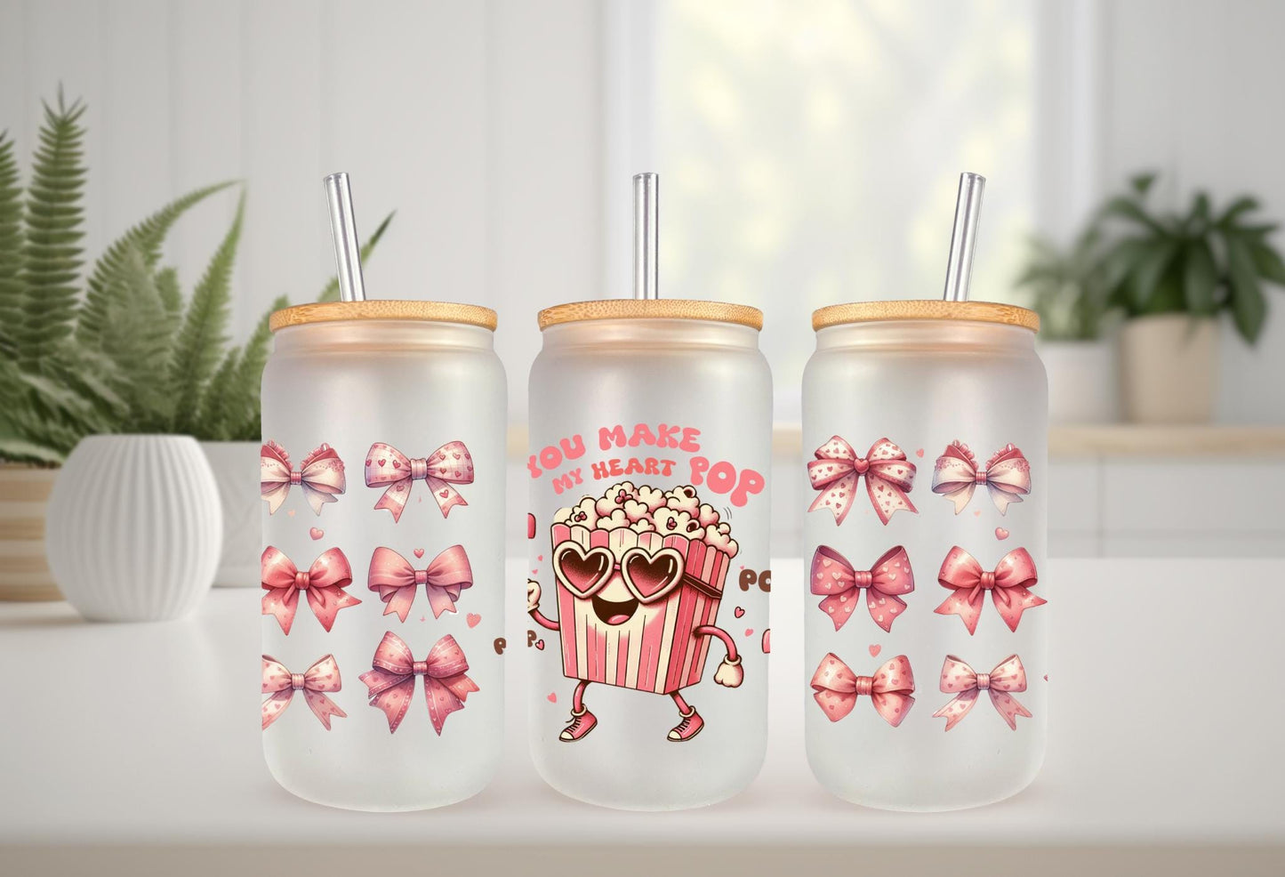UVDTF Wrap Valentine’s Heart Pop Popcorn 16oz Can Glass Mug Tumbler, Valentine wrap, Ready to Apply, Permanent Waterproof Adhesive