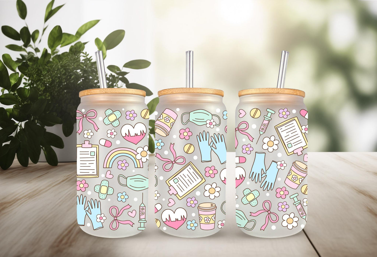 UVDTF Wrap Pastel Medical Bow 16oz Can Glass Mug Tumbler, Healthcare Wrap, Ready to Apply, Permanent Waterproof Adhesive