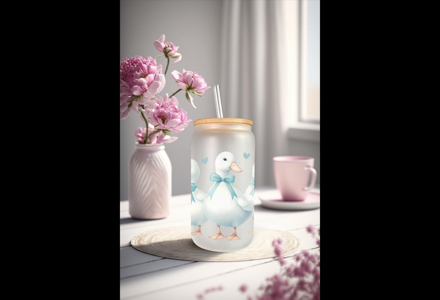 UVDTF Wrap Goose Blue Bows 16oz Can Glass Mug Tumbler, Ready to apply, Permanent Adhesive, Double sided option