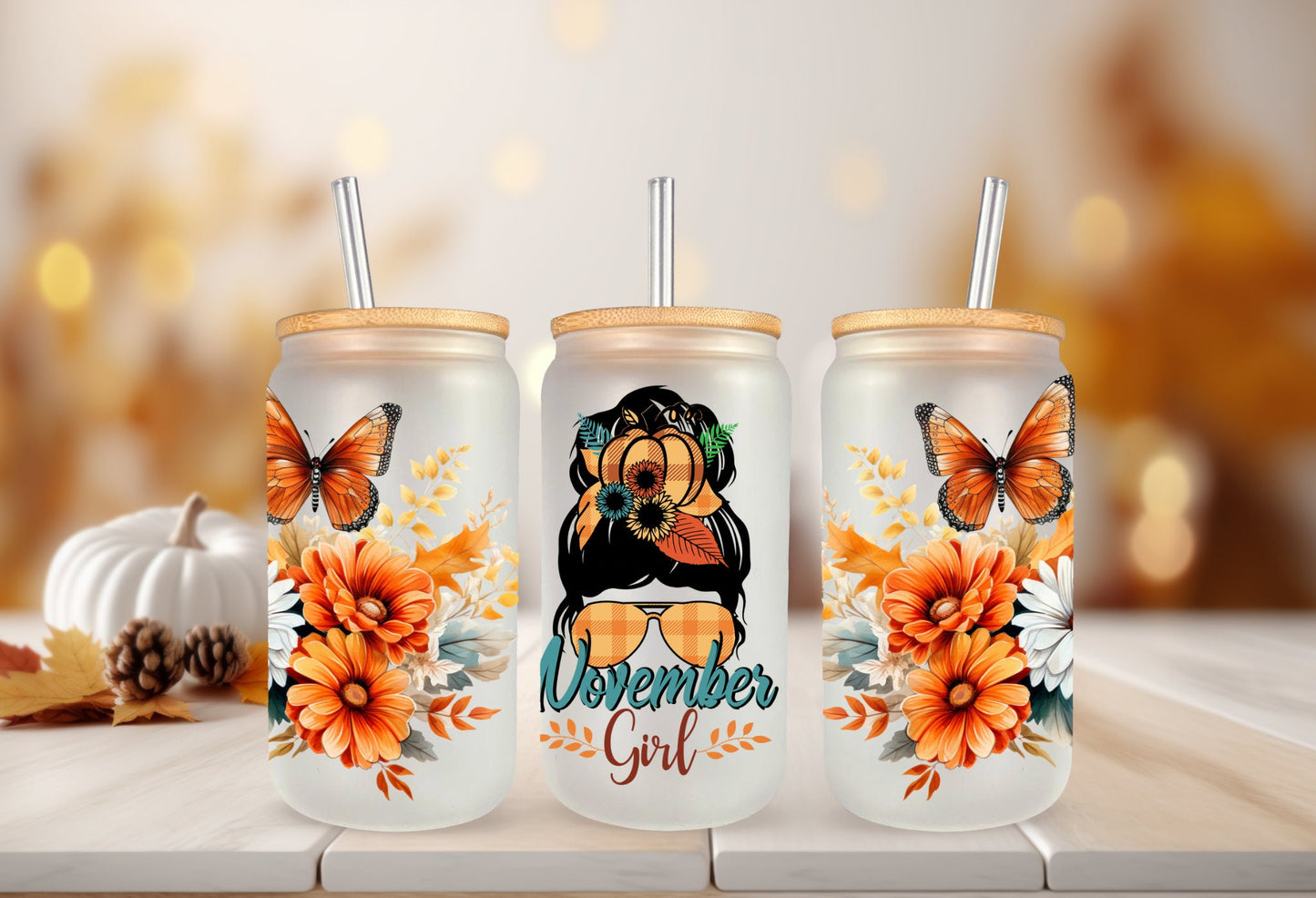 UVDTF Wrap Fall Mom Bun November Girl Floral Butterfly 16oz Can Glass, Mug,  40oz  Tumbler, Fall Wrap, Ready to apply, Permanent Adhesive