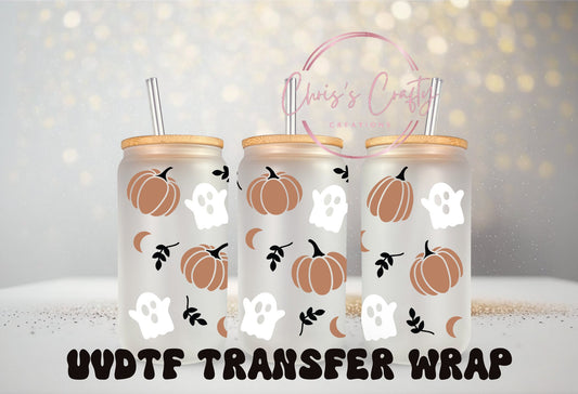 UVDTF Wrap Cute Pumpkin Ghosts for 16oz Can Glass MugTumbler, Halloween Wrap, Ready to apply, Permanent waterproof adhesive