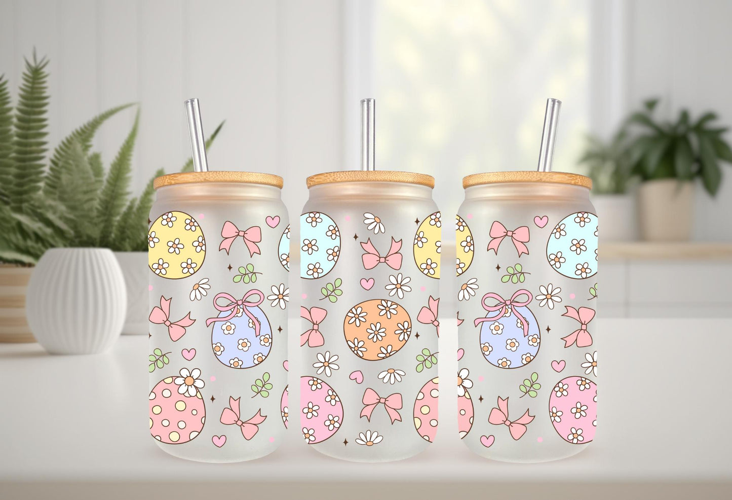 UVDTF Wrap Easter Egg Coquette Bow 16oz Can Glass Mug Tumbler, Ready to apply, Permanent Waterproof  Adhesive