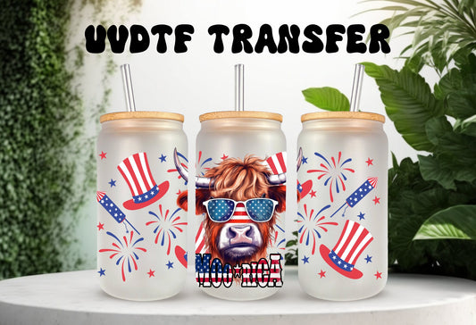 UVDTF Wrap Fireworks Cow Moorica for 16 oz Can Glass Mug Tumbler, Ready to Apply, Permanent Waterproof Adhesive