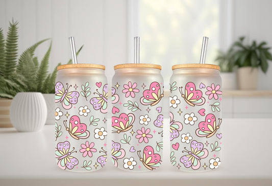 UVDTF Wrap Butterfly Daisy 16oz Can Glass Mug Tumbler, Butterfly Wrap, Ready to apply, Permanent Waterproof Adhesive