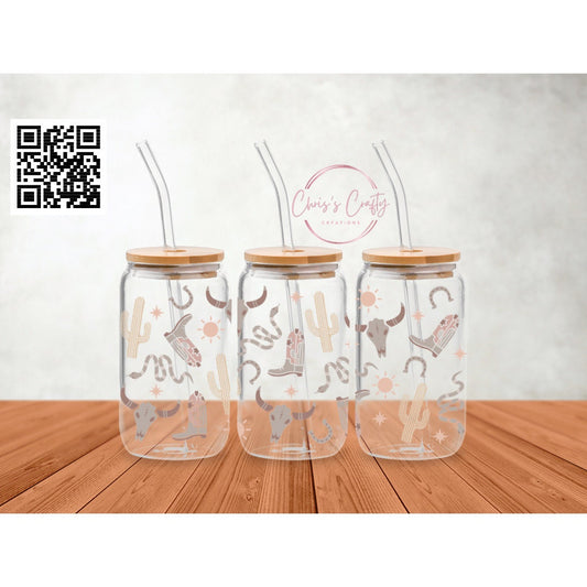 UVDTF Wrap Western Cowboy Boots Cactus Skull for 16oz Can Glass Mug Tumbler, Cowboy Wrap, Ready to apply, Permanent Waterproof Adhesive