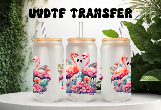 UVDTF Wrap Flamingo Tropical Floral 16 oz Can Glass Wrap Mug Tumbler, Ready to apply, Permanent Adhesive Waterproof