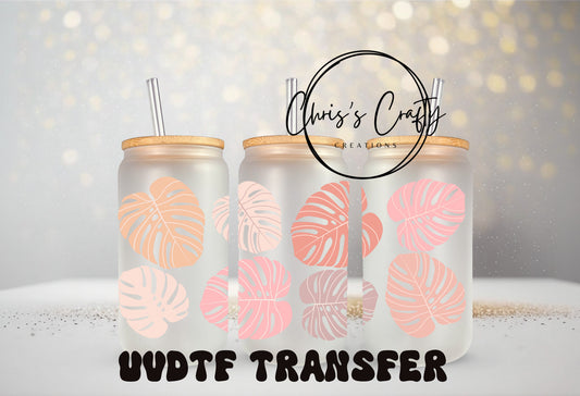 UVDTF Wrap Monstera Neutral Pastel 16oz Can Glass Mug Tumbler, House Plant, Ready to Apply, Permanent Waterproof Adhesive