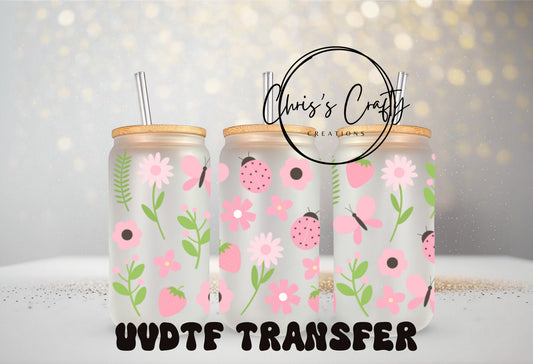 UVDTF Wrap Pink Lady bug Butterflies Flowers 16 oz Can Glass Mug Tumbler, Ready to apply, Permanent Waterproof Adhesive
