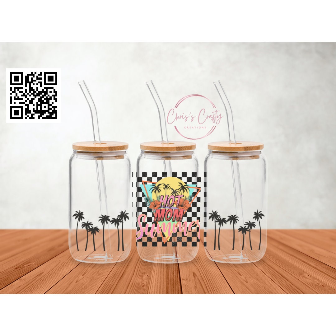 UVDTF Wrap Hot Mom Summer Checkered Palm 16oz Can Glass Mug Tumbler, Ready to apply, Permanent waterproof adhesive