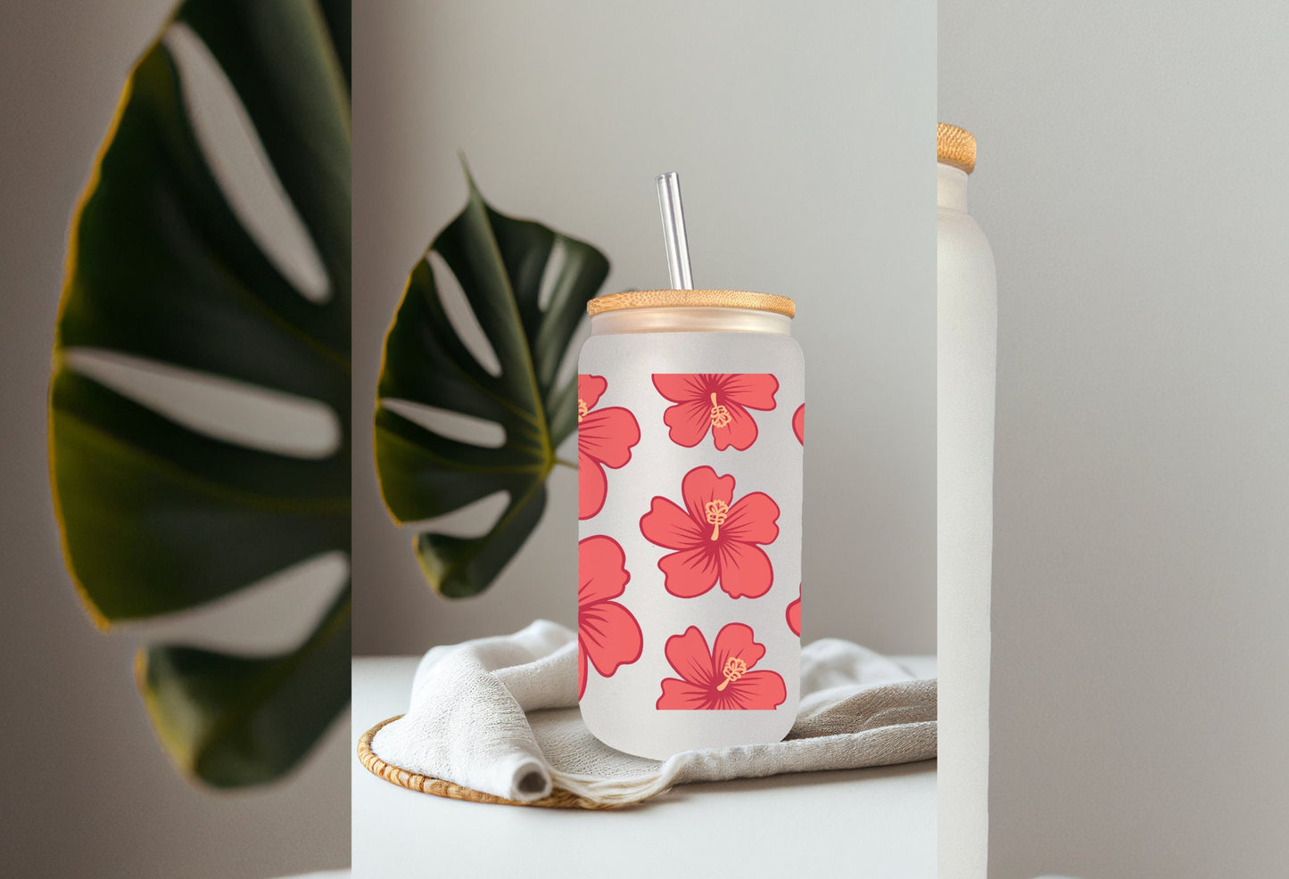 UVDTF Wrap Hibiscus Tropical Flower 16oz Can Glass Mug Tumbler, Tropical wrap, Ready to apply, Permanent Adhesive Waterproof