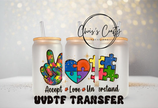 UVDTF Wrap Autism Awareness Peace Love Understand 16oz Can Glass Mug Tumbler, Autism Wrap, Ready to apply, Permanent Waterproof Adhesive