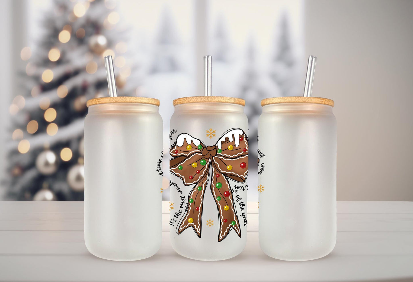 UVDTF Decal Christmas Coquette Bow 16oz Can Glass Mug Tumbler, Wonderful Time Decal, Ready to apply, Permanent Waterproof Adhesive