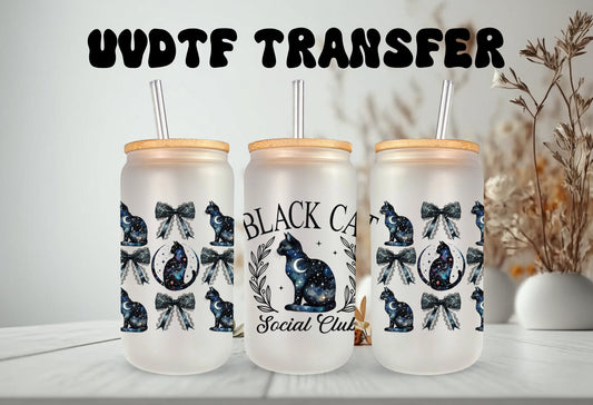 UVDTF Wrap Black Cat Social Club Coquettes Bows 16 oz Can Glass, Mug, Tumbler, Ready to Apply, Permanent Waterproof Adhesive