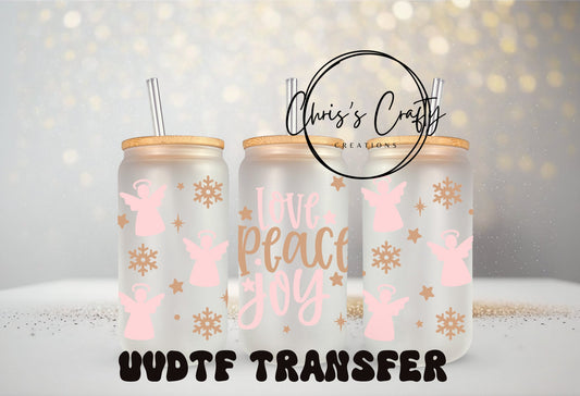 UVDTF WRAP Pink Pastel Peace Love Joy Angels for 16oz Can Glass Mug Tumbler, Ready to apply, Permanent Waterproof Adhesive