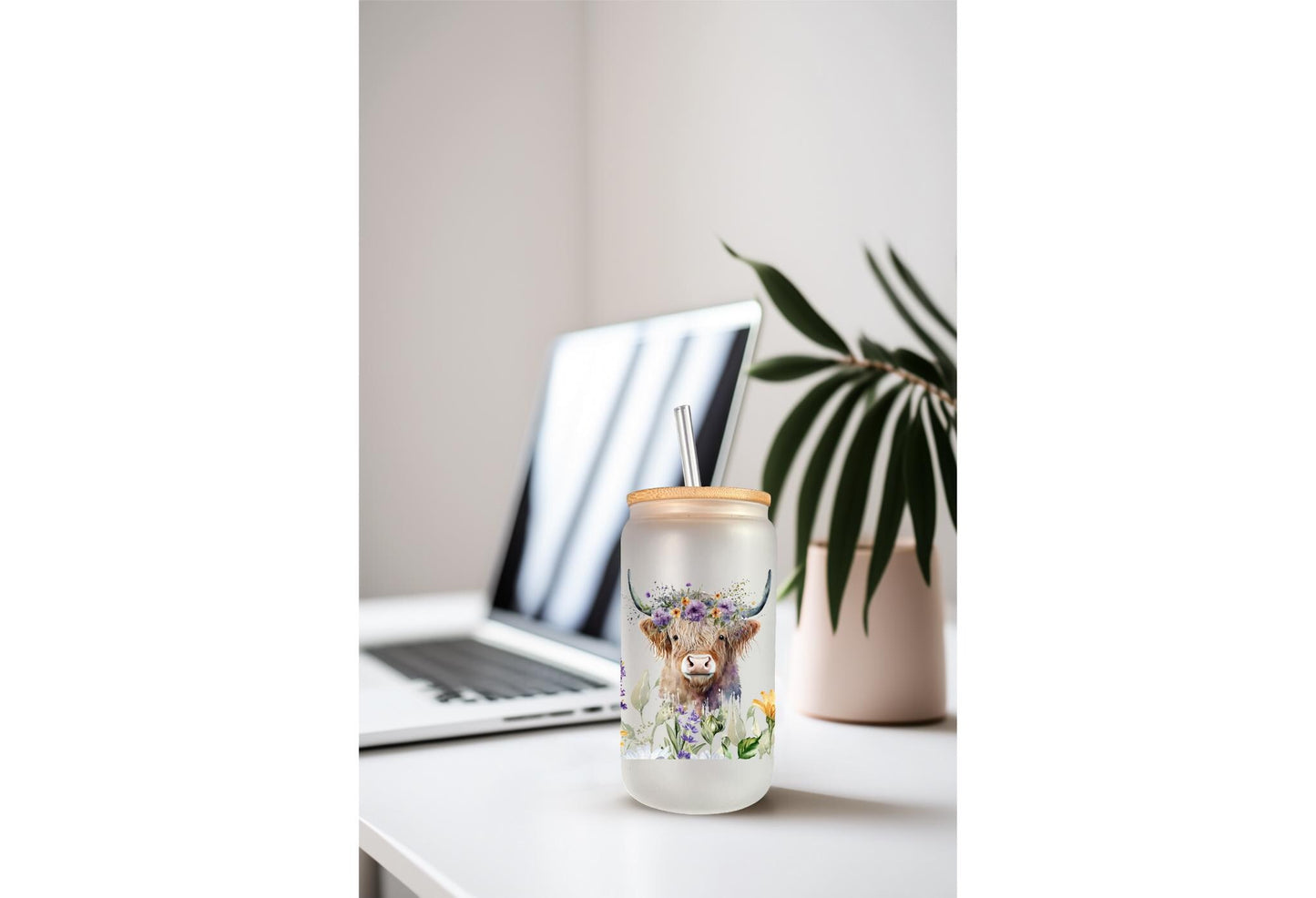 UVDTF Highland Cow Wild Flowers Daisies 16oz Can Glass Mug Tumbler, Cow Floral Wrap, Ready to Apply, Permanent Waterproof Adhesive