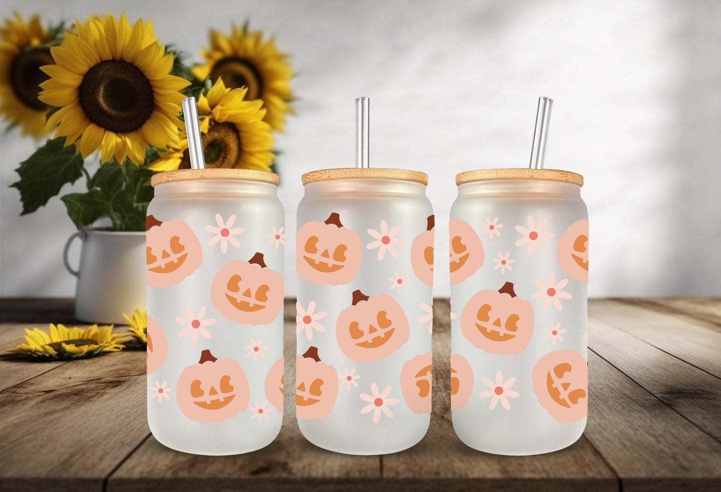 UVDTF Wrap Jack O’latnern Floral 16oz Can Glass, Mug, Tumbler, Ready to Apply, Permanent Waterproof Adhesive