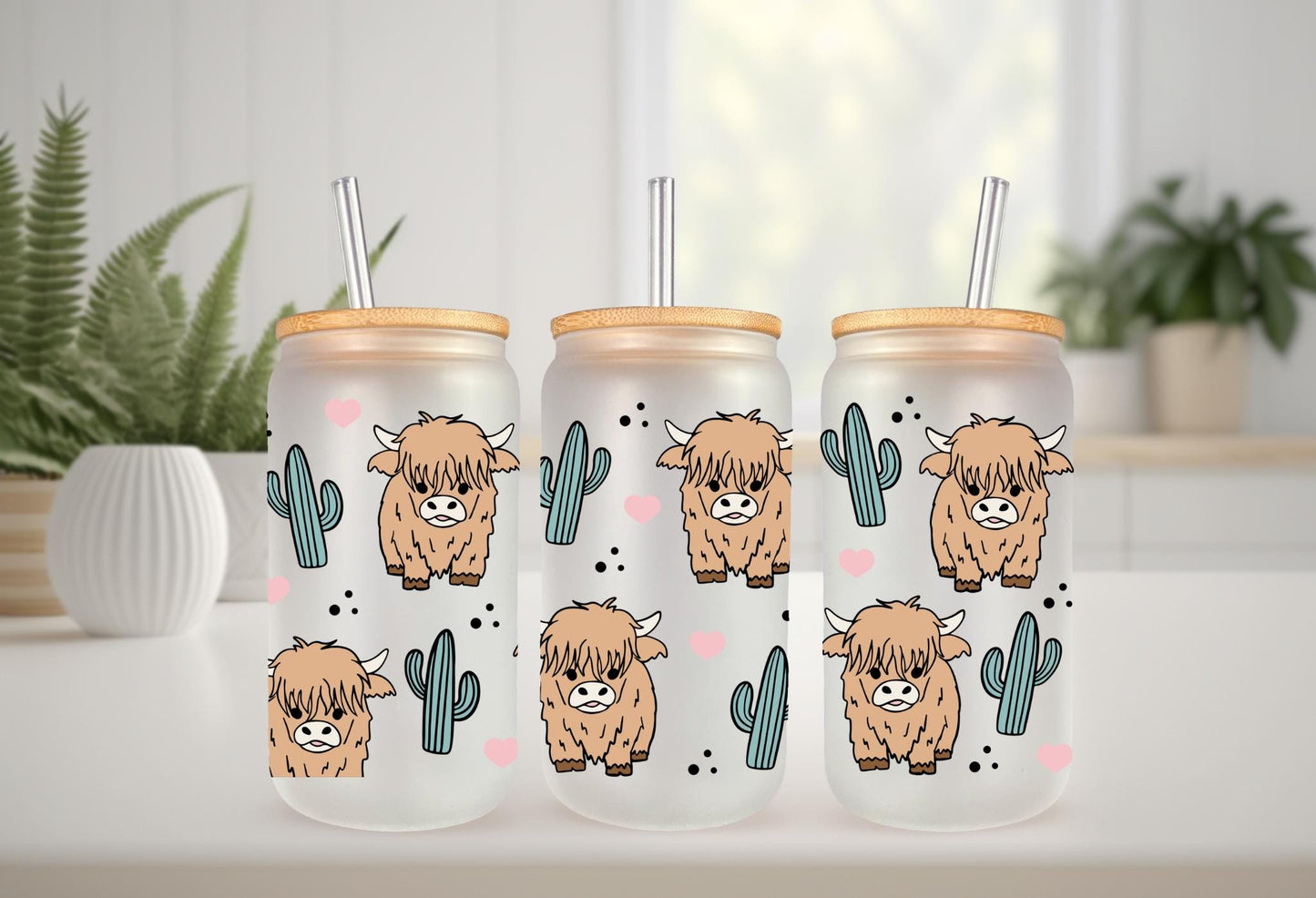 UVDTF Wrap Highland Cow Cactus for 16oz Can Glass Mug Tumbler, Ready to Apply, Permanent Waterproof Adhesive