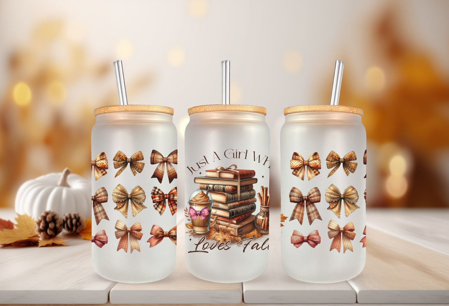 UVDTF Wrap Just a Girl Who Loves Fall Books for 16oz Can Glass or 40oz Tumbler, Ready to apply, Permanent adhesive, Double Sided option