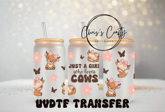 UVDTF Wrap Highland Cow Just a Girl Who Loves Cows Exclusive 16oz can Mug Tumbler, Cow Wrap, Ready to Apply, Permanent Adhesive Waterproof