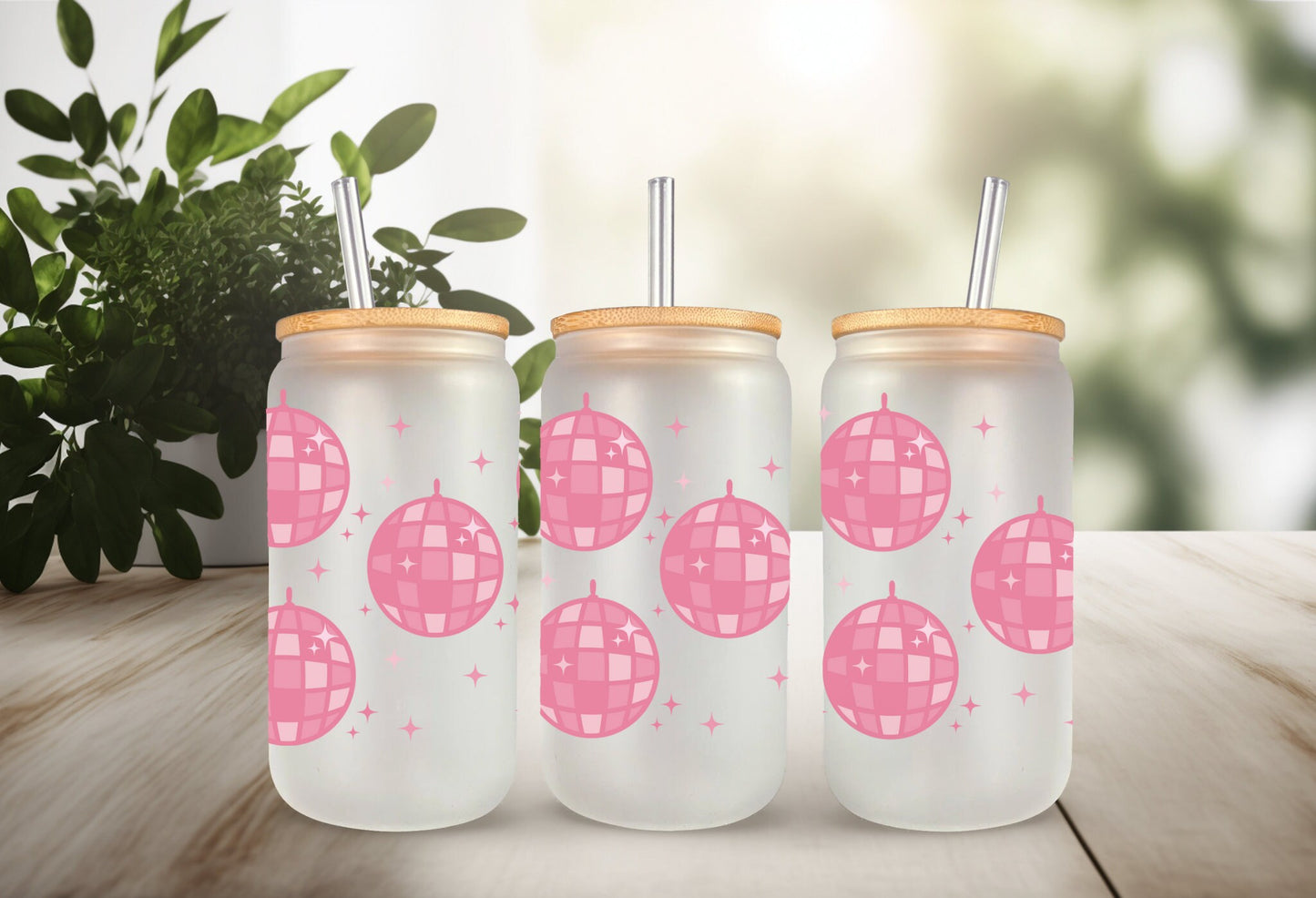 UVDTF Wrap Pink Disco Ball  16 oz Can Glass Mug Tumbler, Ready to apply, Permanent Waterproof Adhesive, Add on a Can Glass