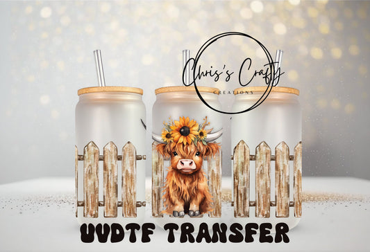 UVDTF Wrap Highland Cow Sunflower Fence Exclusive for 16oz Can Glass Mug Tumbler, Ready to Apply, Permanent Waterproof Adhesive