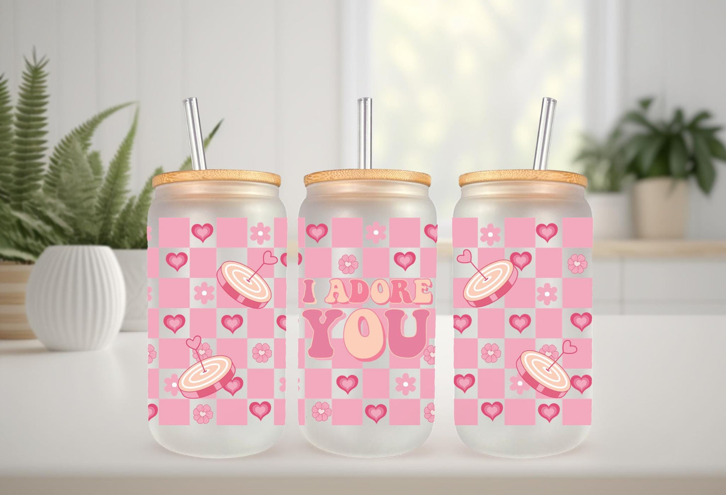 UVDTF Wrap Heart Valentine’s Floral Adore You 16oz Can Glass Mug Tumbler, Ready to Apply, Permanent Waterproof Adhesive