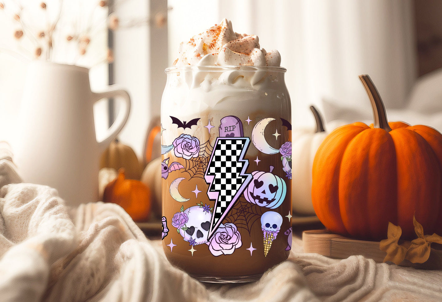 UVDTF Wrap Halloween Retro Pastel 16 oz Can Glass Mug Tumbler, Ready to Apply, Permanent Waterproof Adhesive